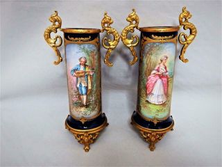Antique Sevres Chateau Des Tuileries Porcelain & Ormolu Rare Pair Vases 1860 