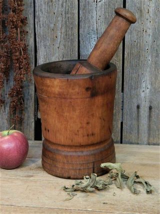 Best Aafa Early Antique 19th Century Wood Mortar & Pestle Apothecary