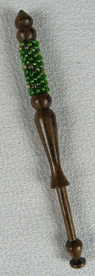 Unique Vintage Dark Wooden Bobbin Wrapped With Tiny Beads For Lace Making