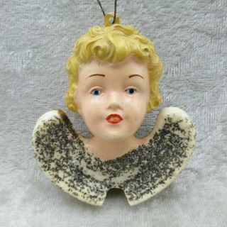 Vintage Hard Plastic Angel Cherub Head Christmas Ornament Mica Wings Germany