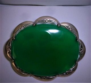 Vintage Jewellery Very Large Stamped Silver Green Agate Shawl Brooch