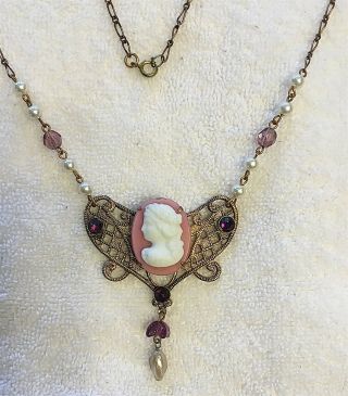 Vintage Glass Cameo Jewel And Amethyst Glass & Brass Necklace Only One