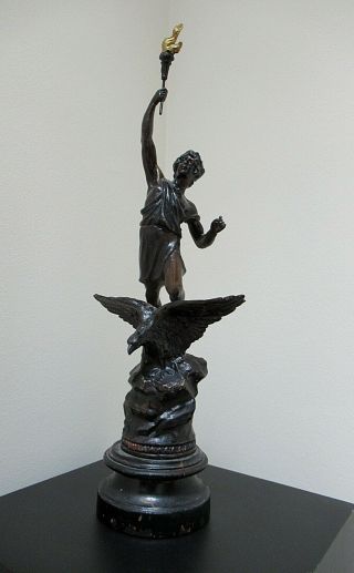 Antique French Art Nouveau 19 " Spelter Metal Man Torch Bearer On Eagle Statue