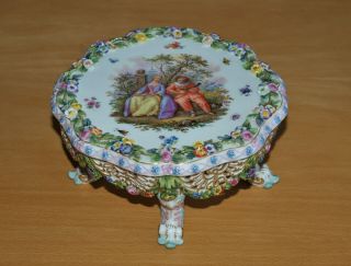 Antique Meissen Porcelain Hand Painted Floral Encrusted Four Legged Stand