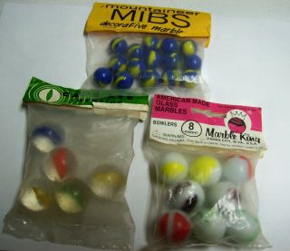 3 Vintage Bags Of Marbles - Cats Eye Bowlers & Mibs