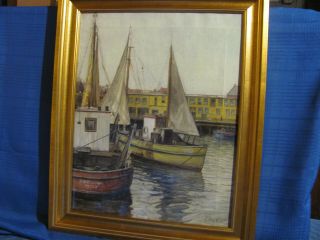Vintage Boston Harbor O/c Painting C.  1920 