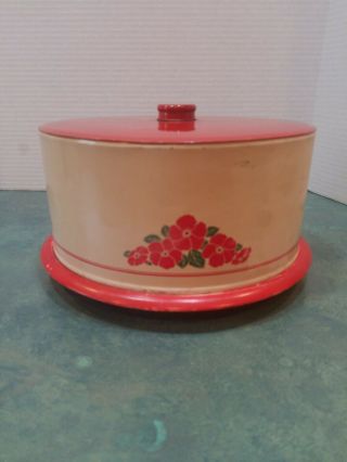 Vintage Decoware Cake Carrier Saver With Red Lid Red Roses Cream Color Metal