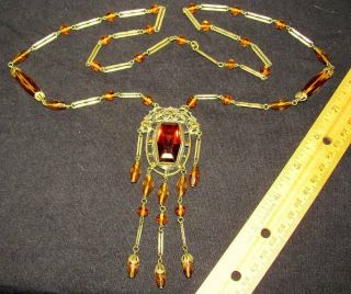 Massive Antique Art Deco Neiger Citrine Amber Czech Glass Sautoir Necklace 35 " L