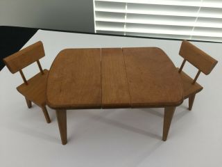 Vintage Strombecker Miniature Dollhousdining Room Table With Leaf And Two Chairs