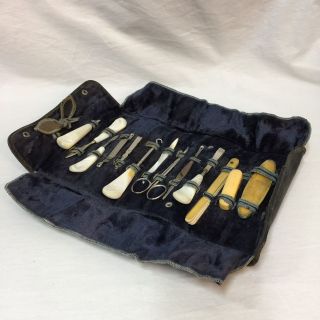 Antique Manicure Set 13 Piece Tools Case Mother Of Pearl Handle Shoe Hook Revlon