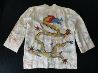 Vintage Silk Chinese Jacket Robe W/ Colorful Hand Embroidered Dragons