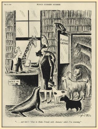 Vintage British Punch Cartoon: Animal Humor - Library - Book Return - From 1945