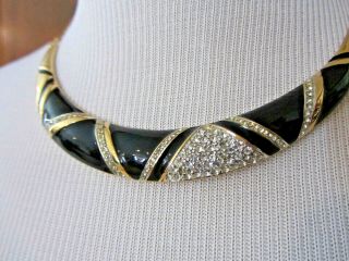 Vintage Monet Gold - Tone Black Enamel Clear Rhinestones Geometric Choker Necklace