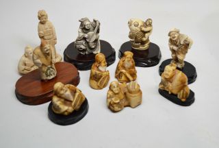 Vintage Set Of 11 Netsuke Figurines Hand Carved Artist Signed