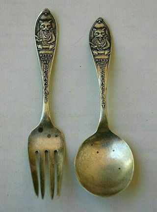 Vintage Weidlich Kitty Cat At Breakfast Sterling Silver Baby Child Spoon & Fork