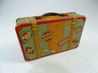 Vintage Tin Litho Suitcase Figural Still Bank Traveling Toy Miniature Antique