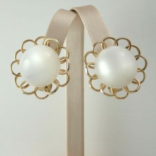 Vintage Napier Pat Pend Gold Tone Open Petal White Cabochon Flower Clip Earrings
