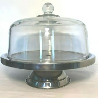 Large Vintage Stainless Steel Cake Stand Plate With Heavy Glass Dome Lid