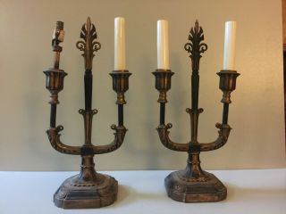 Pair Antique Brass Candelabra 2 Arm Electric Table Lamps Candle Light Fixture
