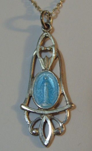 Vintage Sterling Silver Blue Enamel Virgin Mary Filagree Medal And 16 " 925 Chain