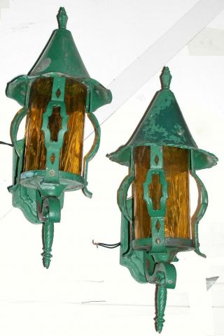 Antique Brass Arts Crafts Verdigris Prairie Cone Scroll Finial Wall Lamps Sconce