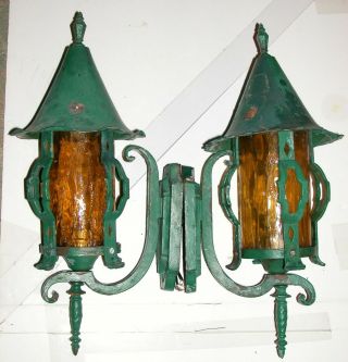 Antique Brass Arts Crafts Verdigris Prairie Cone Scroll Finial Wall Lamps Sconce 2