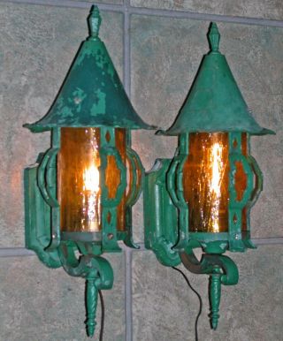 Antique Brass Arts Crafts Verdigris Prairie Cone Scroll Finial Wall Lamps Sconce 3
