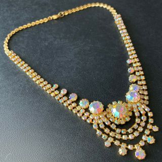 Vintage Gold Tone Ab Crystal Rhinestone Necklace Gorgeous 885