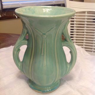 Vintage Mccoy 1940 - 1960 Glaze Green Double Handled Tie Pattern Vase Signed