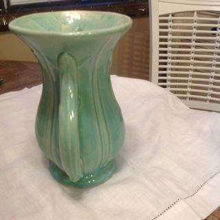 Vintage McCoy 1940 - 1960 Glaze Green Double Handled Tie Pattern Vase Signed 2