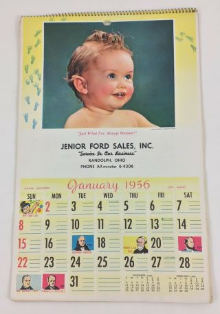Vintage Baby Calendar 1956 Jenior Ford Sales 12 Photos Cute Sayings Ohio Recipes