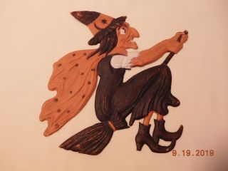 Antique 1920s Germany Halloween Die Cut Embossed Witch On Broom Decoration