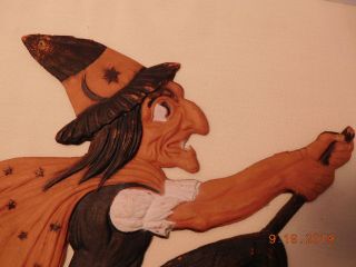 Antique 1920s Germany Halloween Die Cut Embossed Witch on Broom Decoration 3