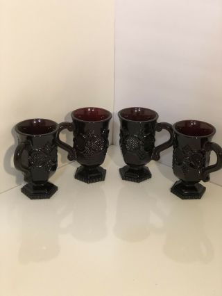 Set Of 4 Vintage Avon Cape Cod Ruby Red Glass Footed Pedestal 5 " Coffee Mug Cup