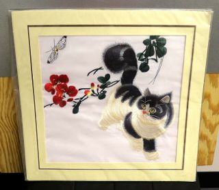 Vintage Cat Floral Tapestry 1990s Cross Stitch Framed Art Embroidery 18”x18 "