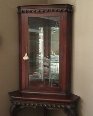 Antique Ornate Carved Dark Wood Corner Curio Cabinet with Glass Door & Shelves 3