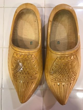 Vintage Pair Hand Carved Wooden Dutch Clogs Klompen Shoes Solid Wood Handmade - 25 3