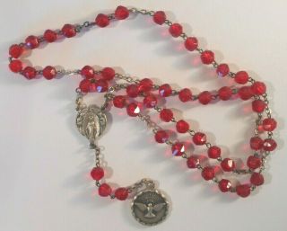 Enlighten Me Holy Spirit & Miraculous Mary W Angels Red Glass Bead Rosary Vtg
