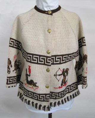 Vintage 1970s Boho Tan & Brown Astrology Sun Signs Zodiac Cardigan Sweater