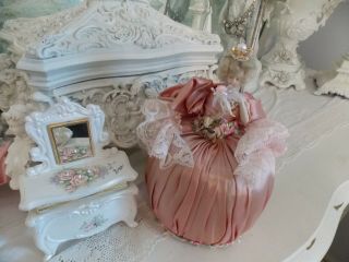 Vtg.  Antique Germany Porcelain Pink Half Doll Pin Cushion W/mohair,  Rose Trim &&