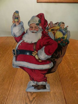 Vintage Die Cut Flocked Cardboard Santa Claus & Bag Of Toys W/easel To Stand Up