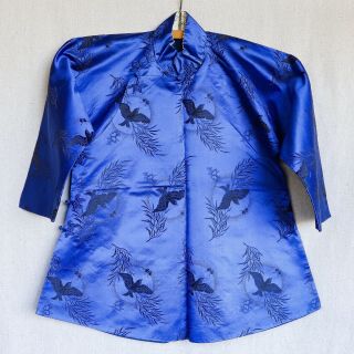 Antique Chinese Blue Black Damask Silk Cheongsam Qipao Robe Jacket Birds Sparrow