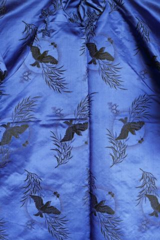 Antique Chinese Blue Black Damask Silk Cheongsam Qipao Robe Jacket Birds Sparrow 2
