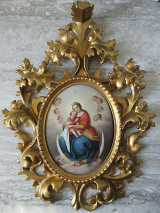 Antique Painting On Porcelain In Carved Wooden Frame Mary Baby Jesus Child Angel