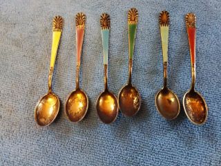 Set Of 6 J.  Tostrup Norway Enameled Sterling Silver Demitasse Spoons