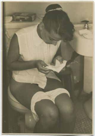 Found Photo Nude Risque Wife Bathroom 1940s Toilet Snapshot Vtg