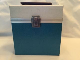 Vintage 45 Rpm Record Storage & Carry Case Brown Handle 1950s White & Aqua Blue