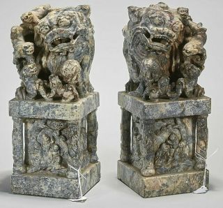 Antique Pair Large Chinese Foo Dog Carved Stone Seal Chops 10 " Tall Nr