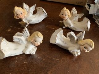 Vintage Japan Christmas Pair Angel Porcelain Figurines Napkin Holder