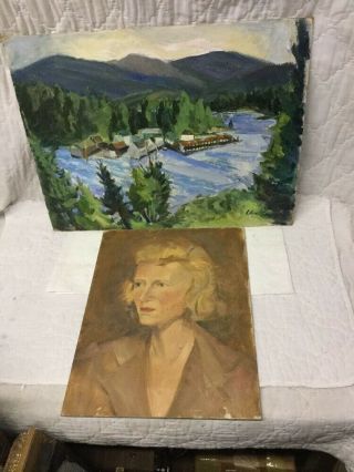 2 Antique Vintage Olga Sears Oil On Board Paintings Landscape & Portrait Of Lady